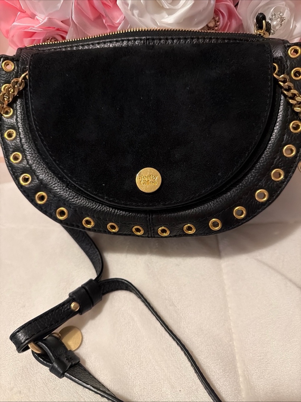 See By Chloé Black Leather & Suede Crossbody with Gold Eyelet Hardware